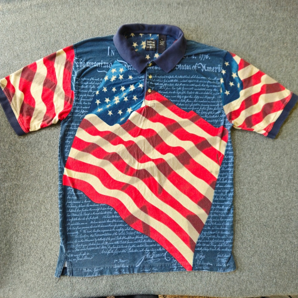 Vintage Cotton Traders Sport Polo Mens XL Blue American Flag Declaration EUC